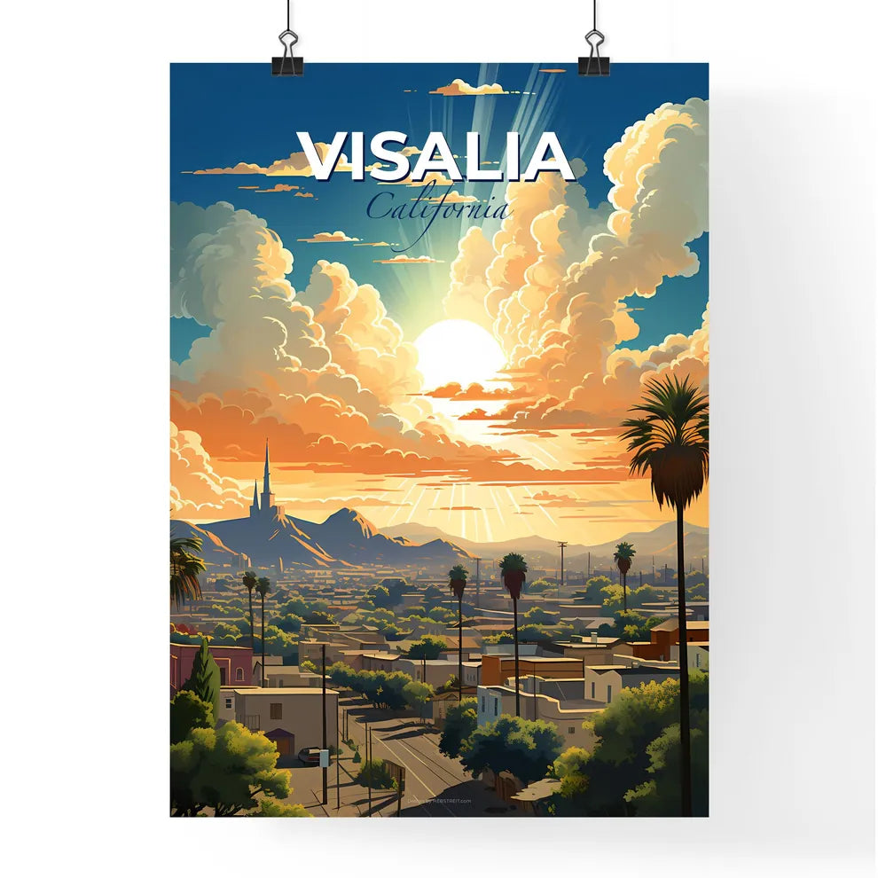 Visalia, California, A Poster of a sun shining through clouds over a city Default Title