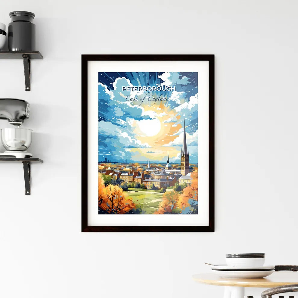 Peterborough, East of England, A Poster of a painting of a city with trees and a sunny sky Default Title