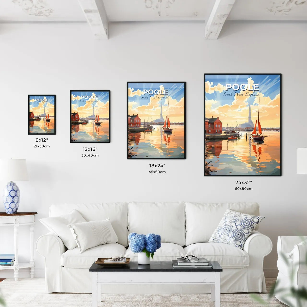 Poole, South West England, A Poster of a painting of a city with a boat in the water Default Title