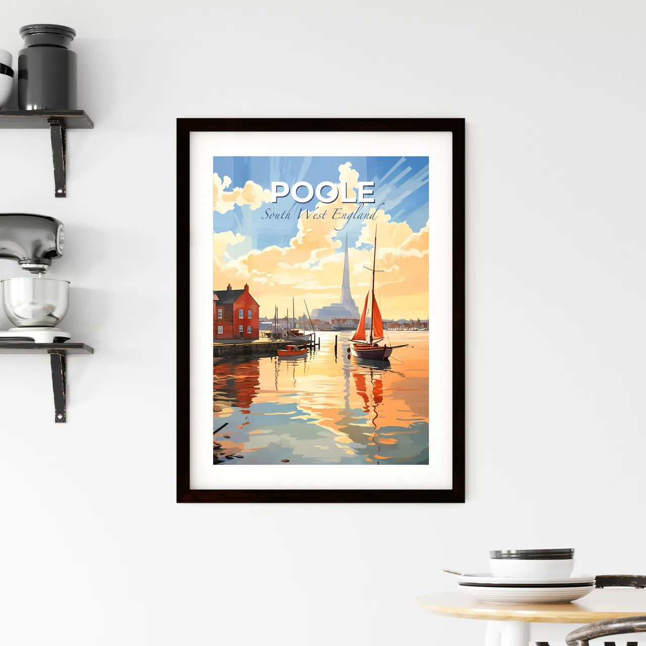 Poole, South West England, A Poster of a painting of a city with a boat in the water Default Title
