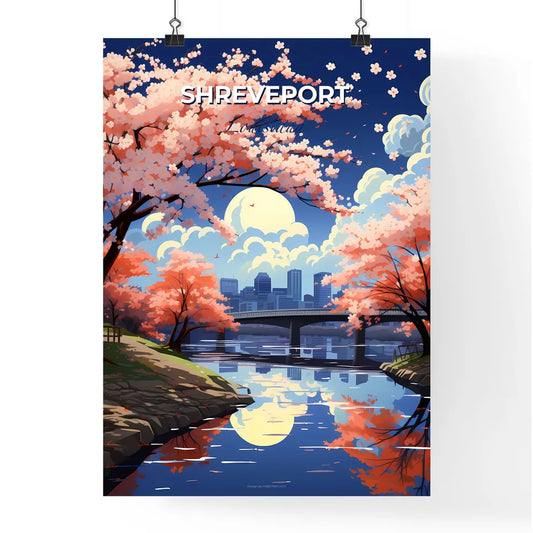Shreveport, Louisiana, A Poster of a river with pink trees and a bridge in the background Default Title