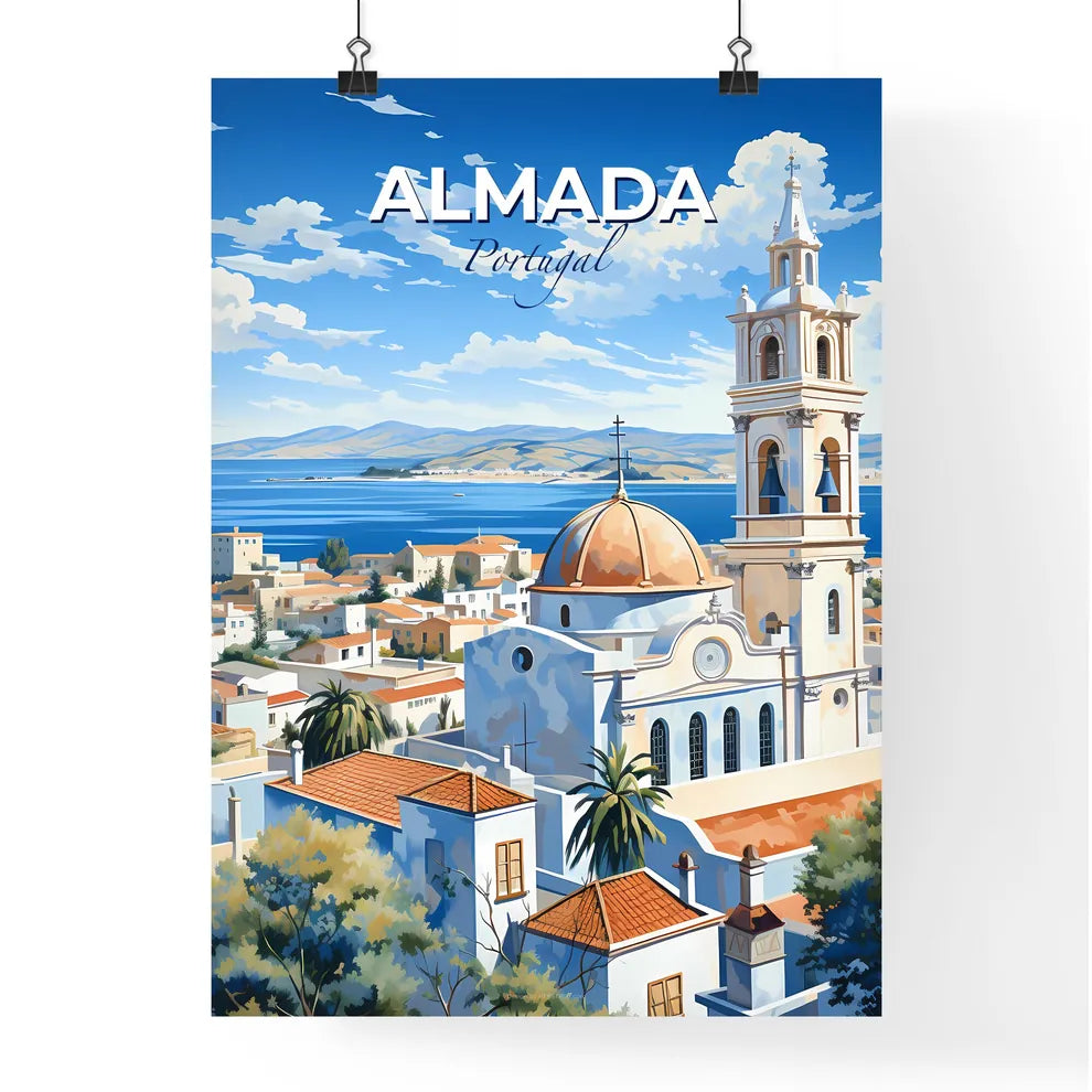 Almada, Portugal, A Poster of a church with a bell tower and a body of water Default Title