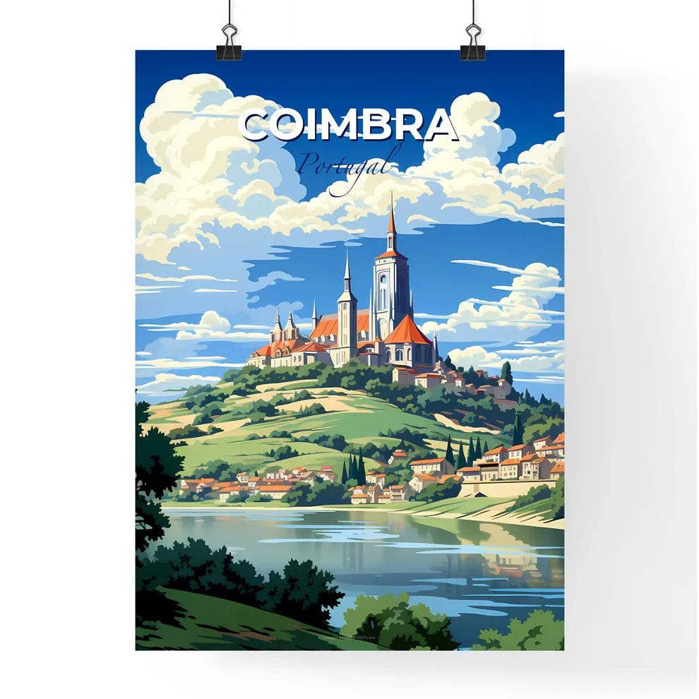 Coimbra, Portugal, A Poster of a castle on a hill with a lake and trees Default Title