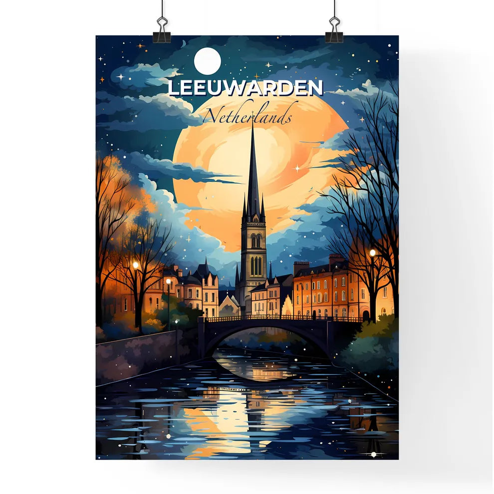 Leeuwarden, Netherlands, A Poster of a bridge over a river with a large moon in the background Default Title