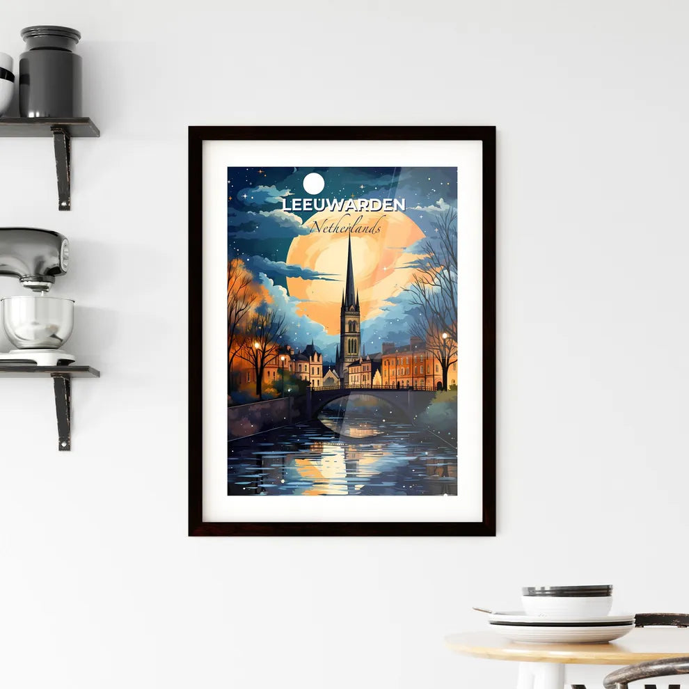 Leeuwarden, Netherlands, A Poster of a bridge over a river with a large moon in the background Default Title