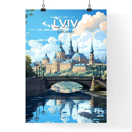Lviv, Ukraine, A Poster of a bridge over a river with a castle and trees Default Title