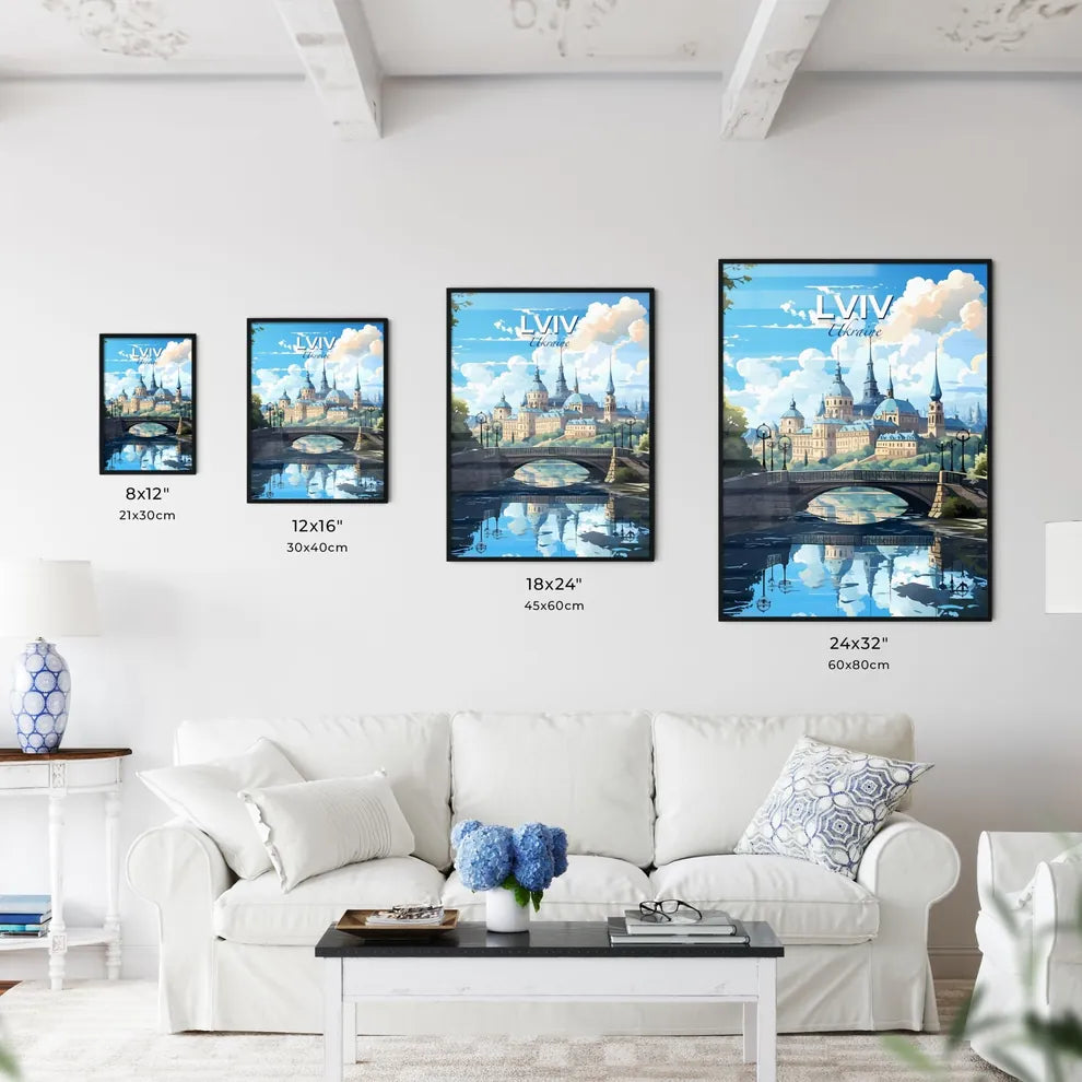 Lviv, Ukraine, A Poster of a bridge over a river with a castle and trees Default Title