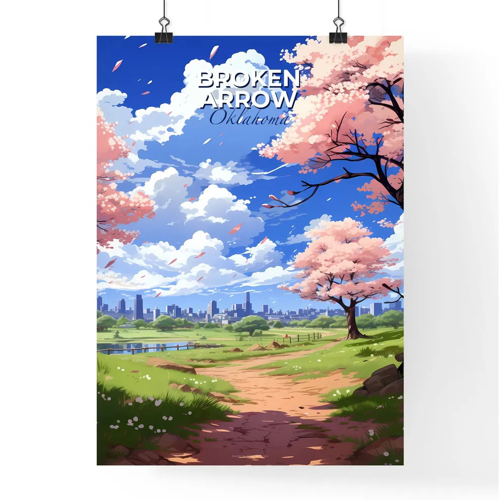 Broken Arrow, Oklahoma, A Poster of a landscape with pink trees and a city in the background Default Title
