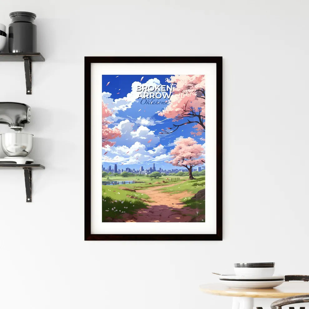 Broken Arrow, Oklahoma, A Poster of a landscape with pink trees and a city in the background Default Title
