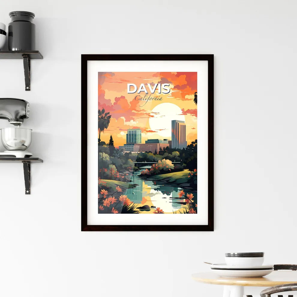 Davis, California, A Poster of a river with trees and flowers in front of a city Default Title