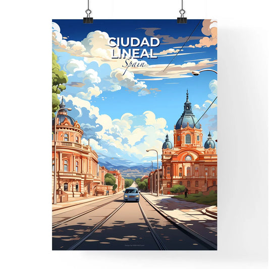 Ciudad Lineal, Spain, A Poster of a train going down a street with buildings and trees Default Title
