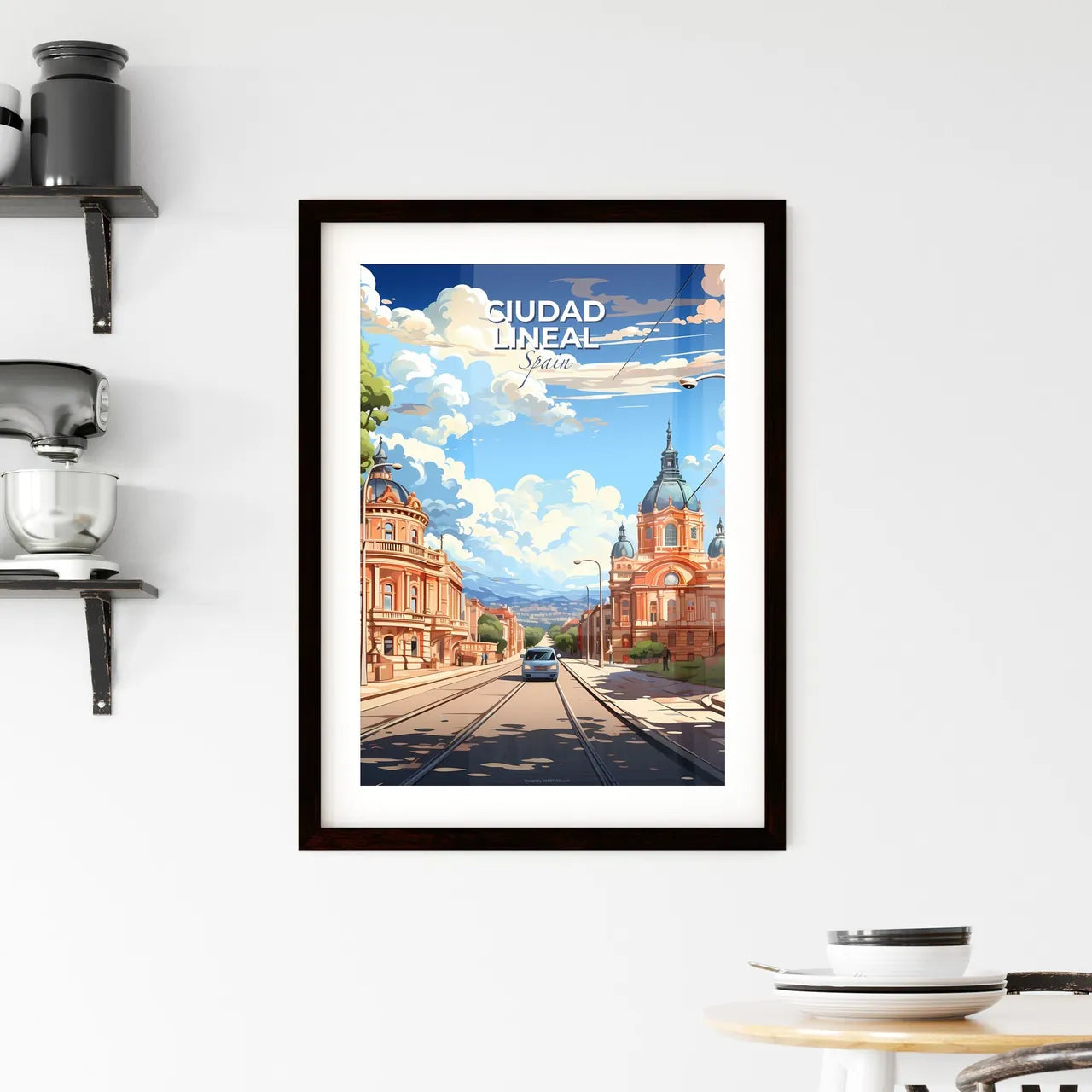 Ciudad Lineal, Spain, A Poster of a train going down a street with buildings and trees Default Title