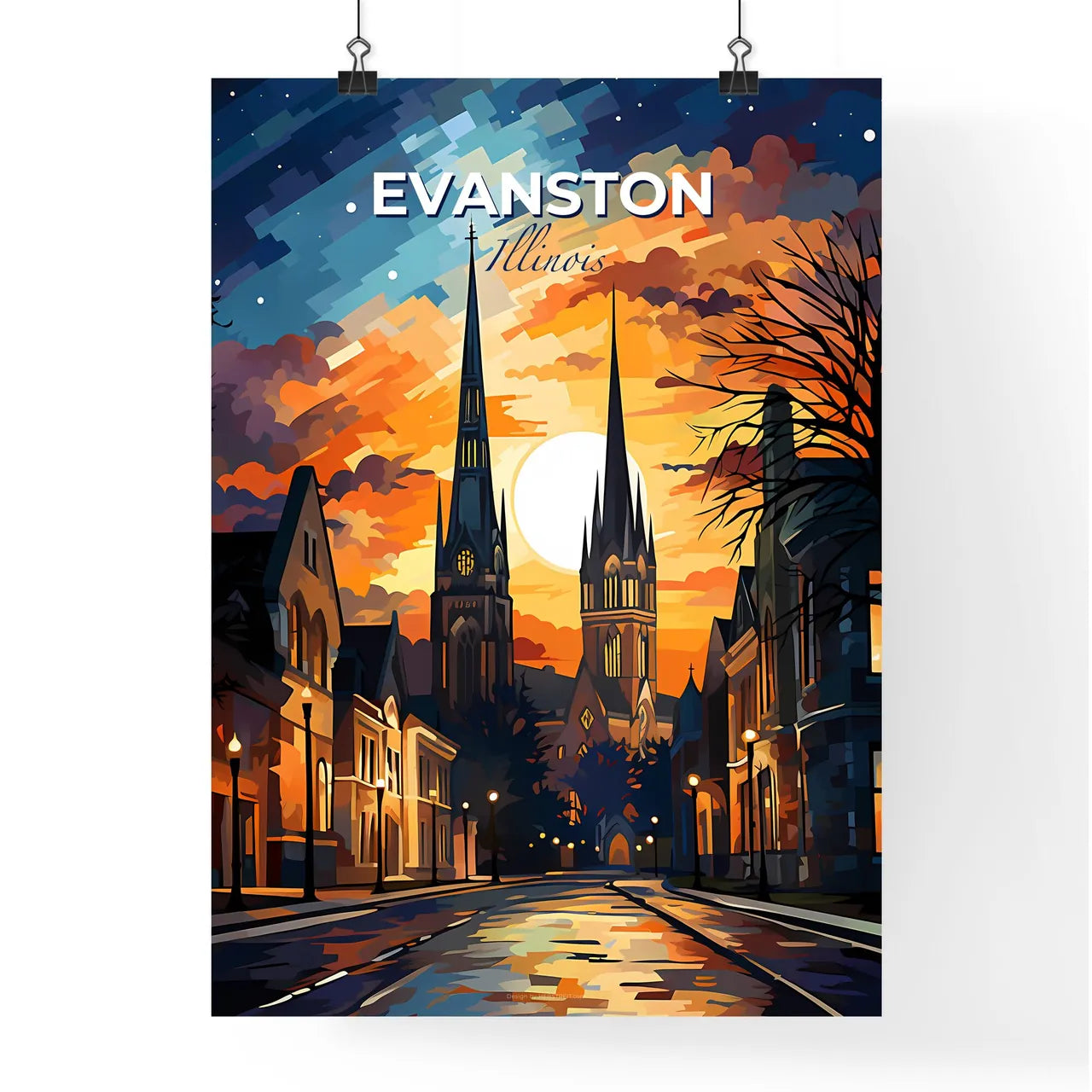 Evanston, Illinois, A Poster of a street with a church and a moon Default Title