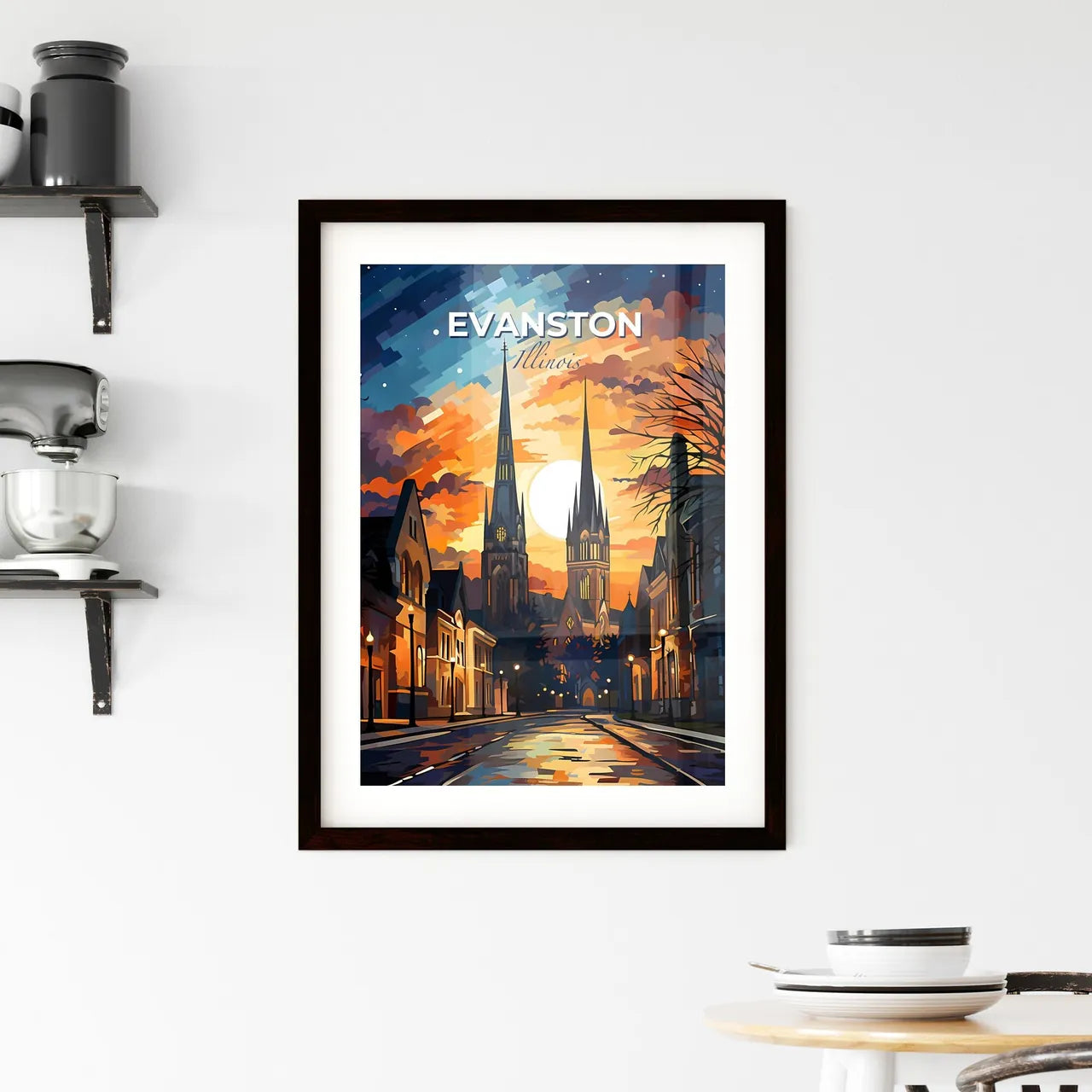 Evanston, Illinois, A Poster of a street with a church and a moon Default Title