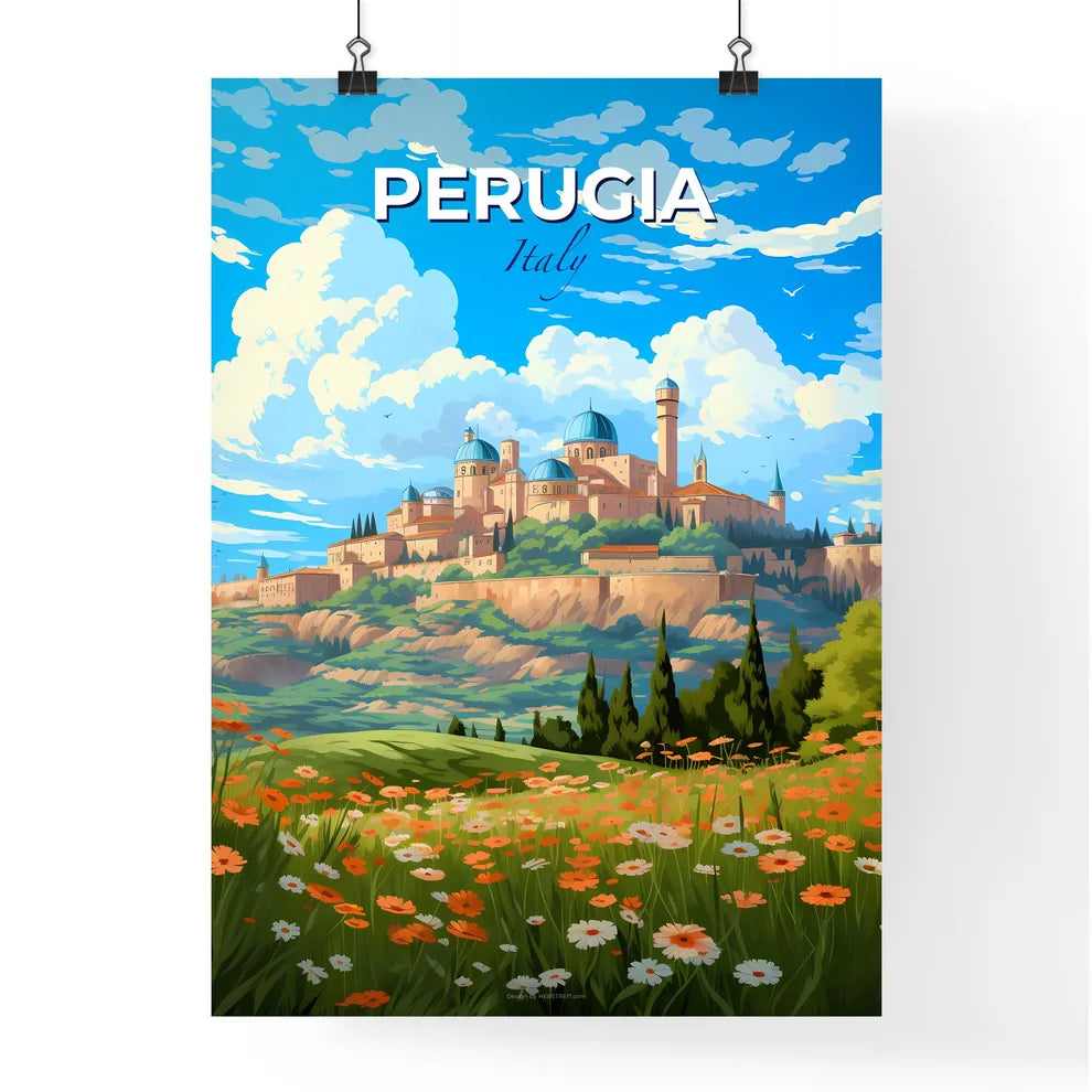 Perugia, Italy, A Poster of a landscape with a castle and flowers Default Title