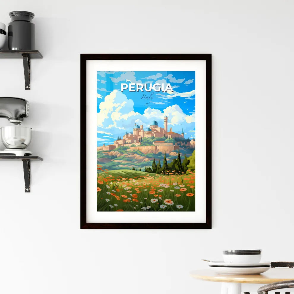 Perugia, Italy, A Poster of a landscape with a castle and flowers Default Title