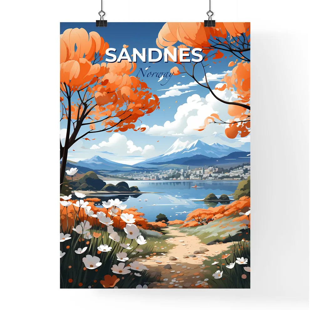Sandnes, Norway, A Poster of a landscape with orange flowers and a lake Default Title