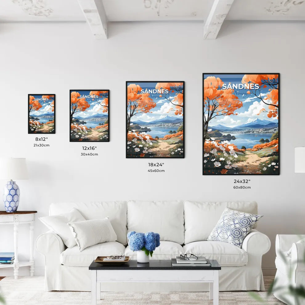 Sandnes, Norway, A Poster of a landscape with orange flowers and a lake Default Title
