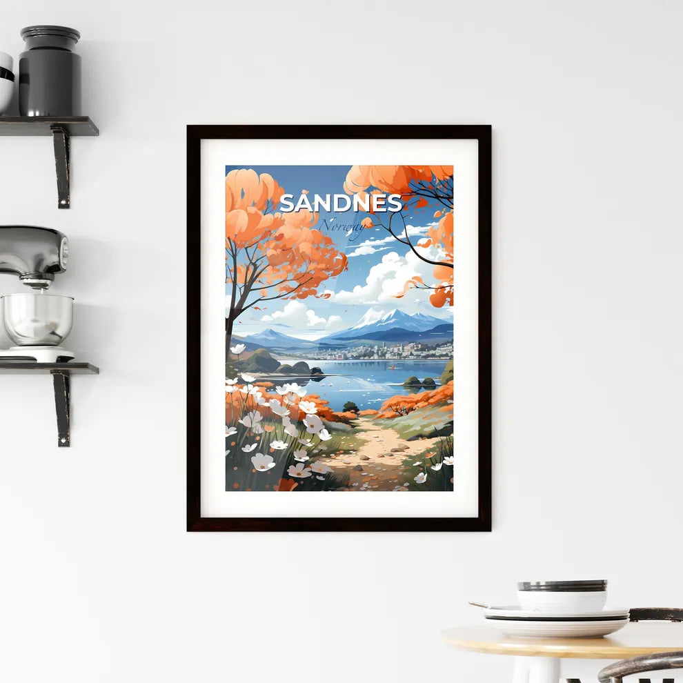 Sandnes, Norway, A Poster of a landscape with orange flowers and a lake Default Title