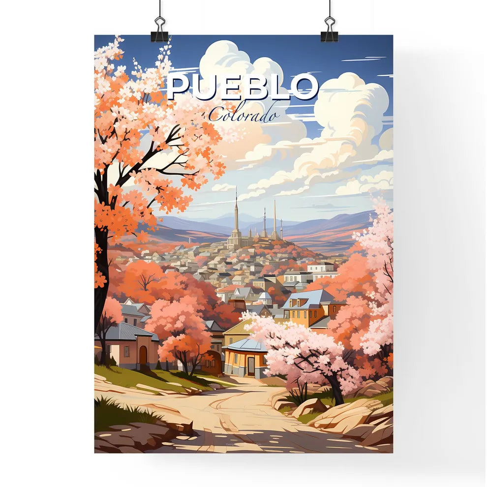 Pueblo, Colorado, A Poster of a landscape of a town with pink trees and a building in the background Default Title