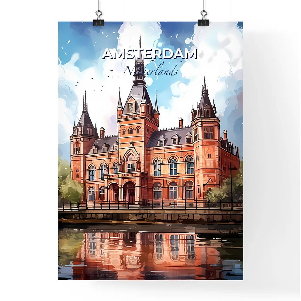 Amsterdam, Netherlands, A Poster of a large brick building with a clock tower Default Title