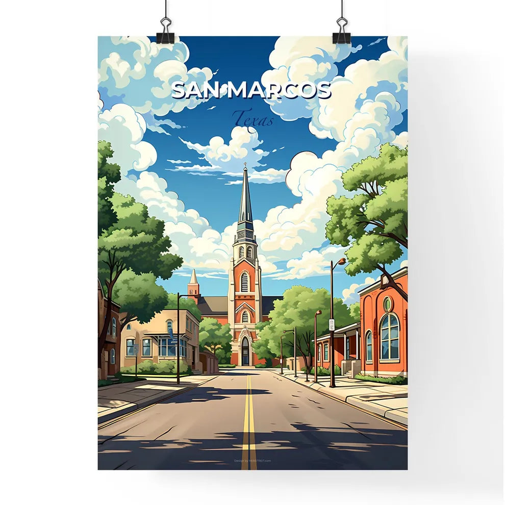 San Marcos, Texas, A Poster of a street with a church and trees Default Title