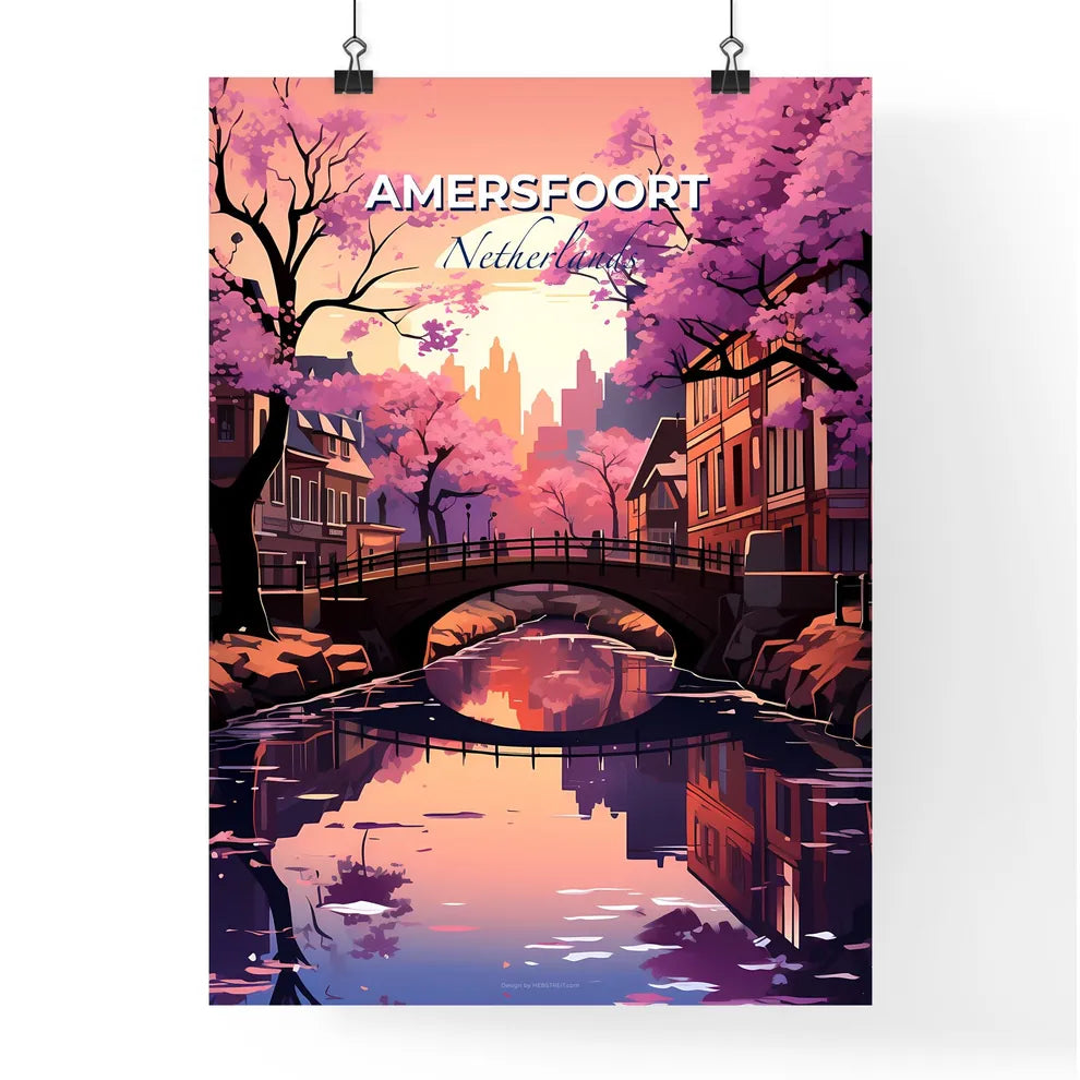 Amersfoort, Netherlands, A Poster of a bridge over a river with pink trees and buildings Default Title