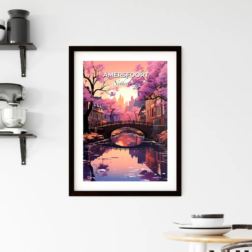 Amersfoort, Netherlands, A Poster of a bridge over a river with pink trees and buildings Default Title