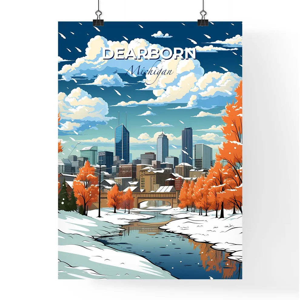 Dearborn, Michigan, A Poster of a snow covered river with trees and a bridge in the background Default Title