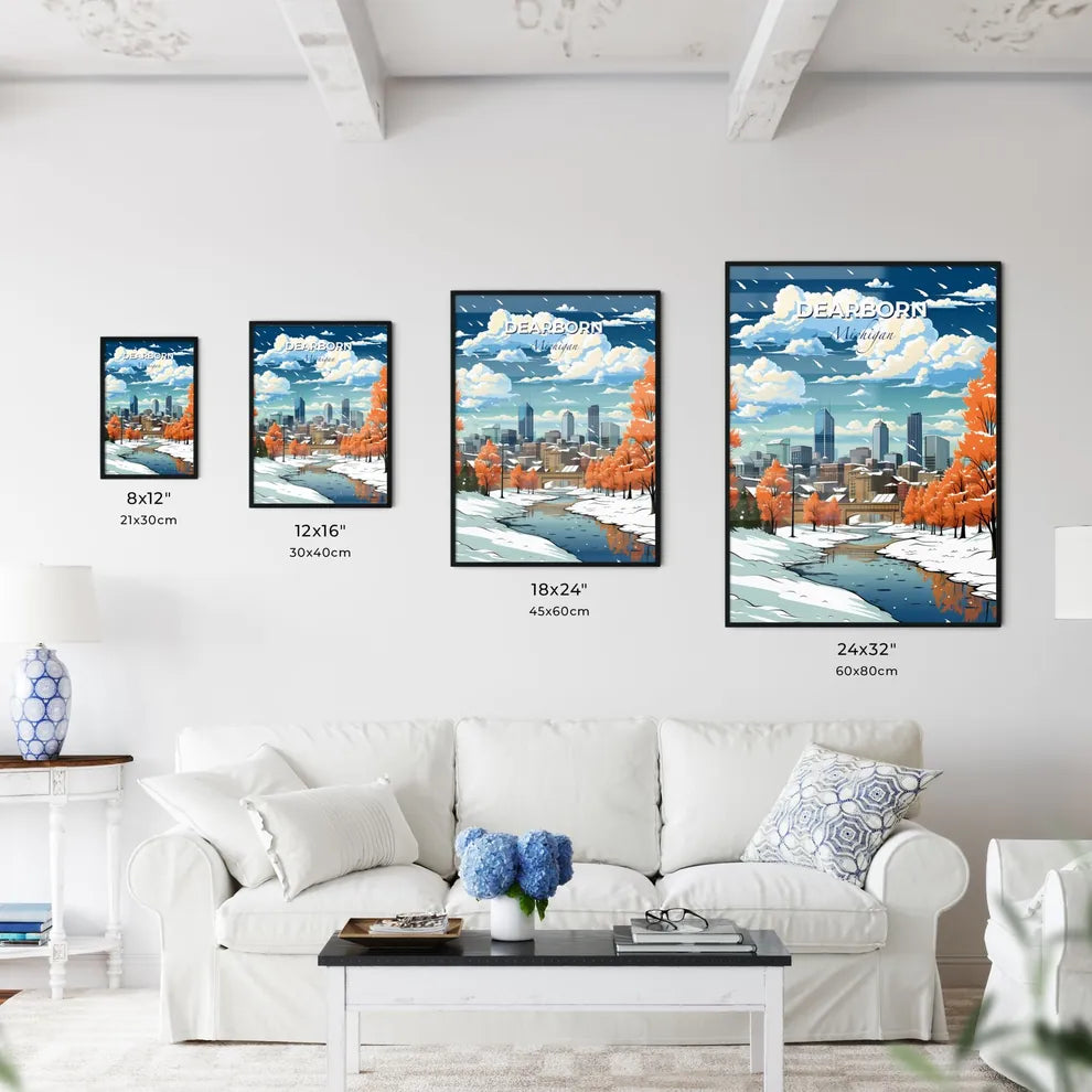 Dearborn, Michigan, A Poster of a snow covered river with trees and a bridge in the background Default Title