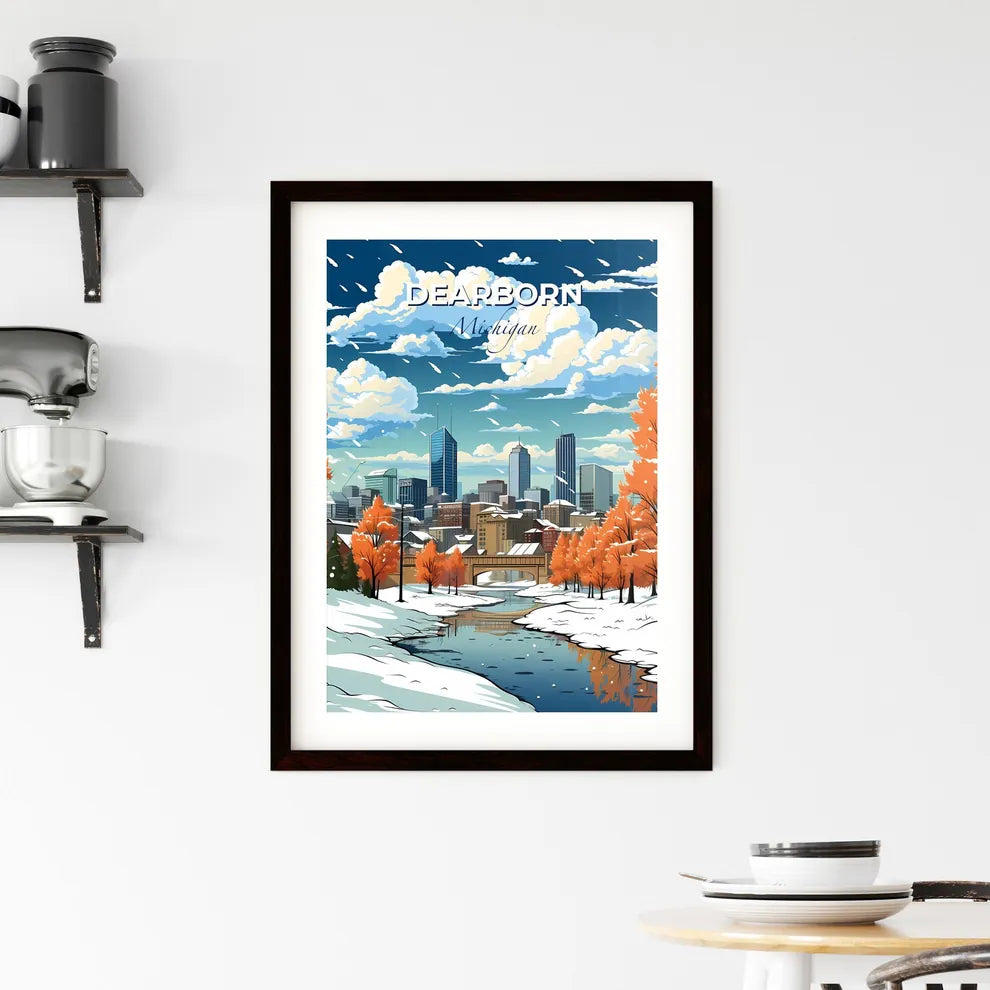 Dearborn, Michigan, A Poster of a snow covered river with trees and a bridge in the background Default Title