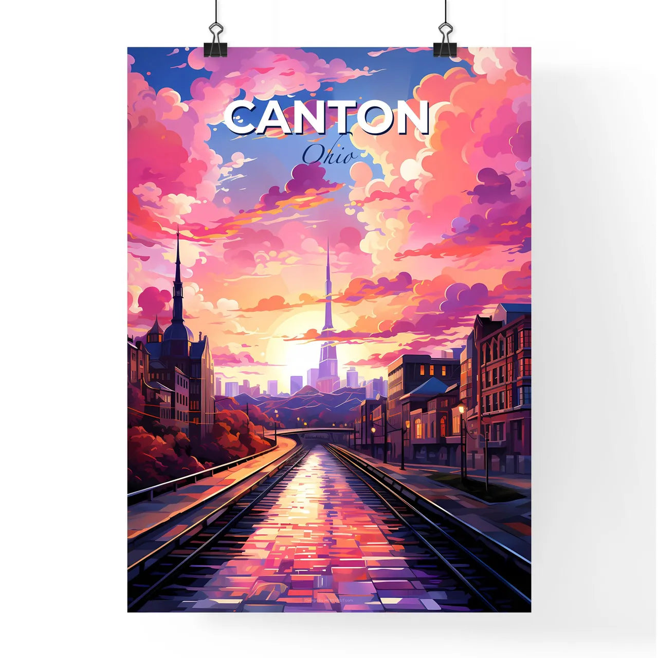 Canton, Ohio, A Poster of a train tracks in a city with pink clouds and a pink sky Default Title