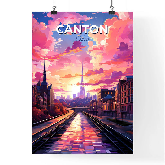 Canton, Ohio, A Poster of a train tracks in a city with pink clouds and a pink sky Default Title