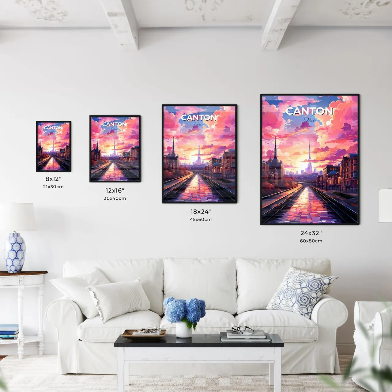 Canton, Ohio, A Poster of a train tracks in a city with pink clouds and a pink sky Default Title