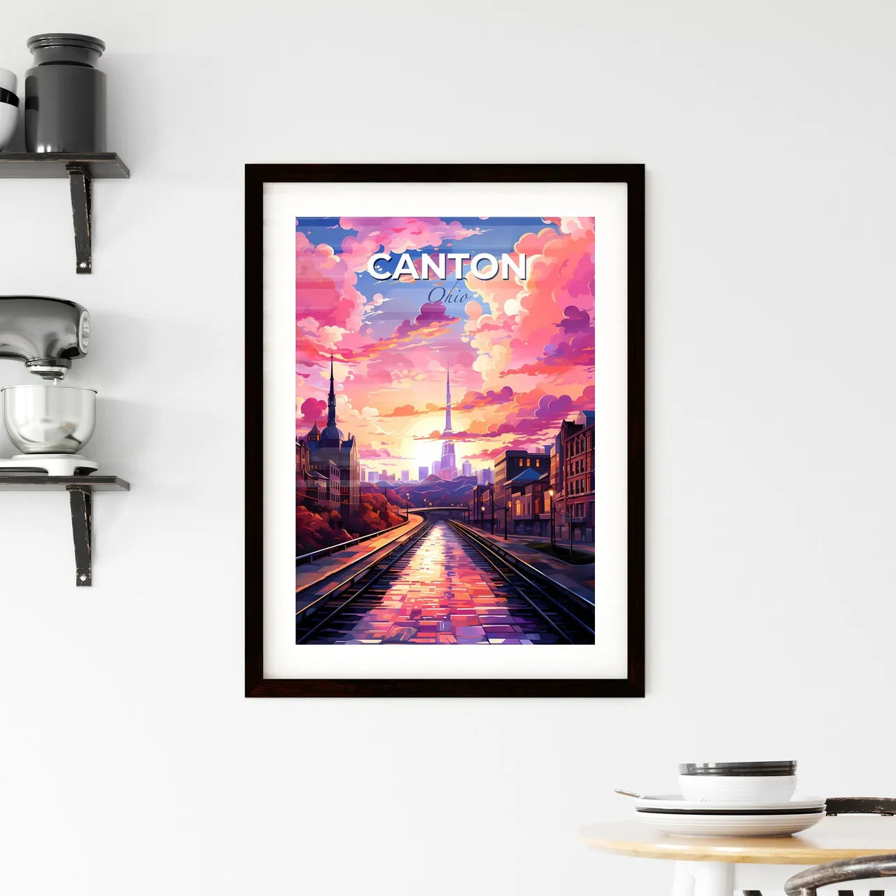 Canton, Ohio, A Poster of a train tracks in a city with pink clouds and a pink sky Default Title