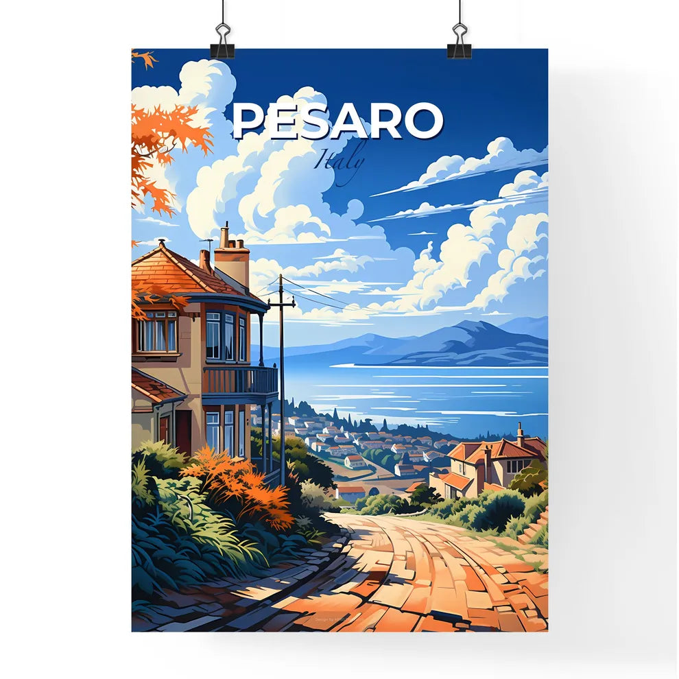 Pesaro, Italy, A Poster of a house on a hill with a body of water in the background Default Title