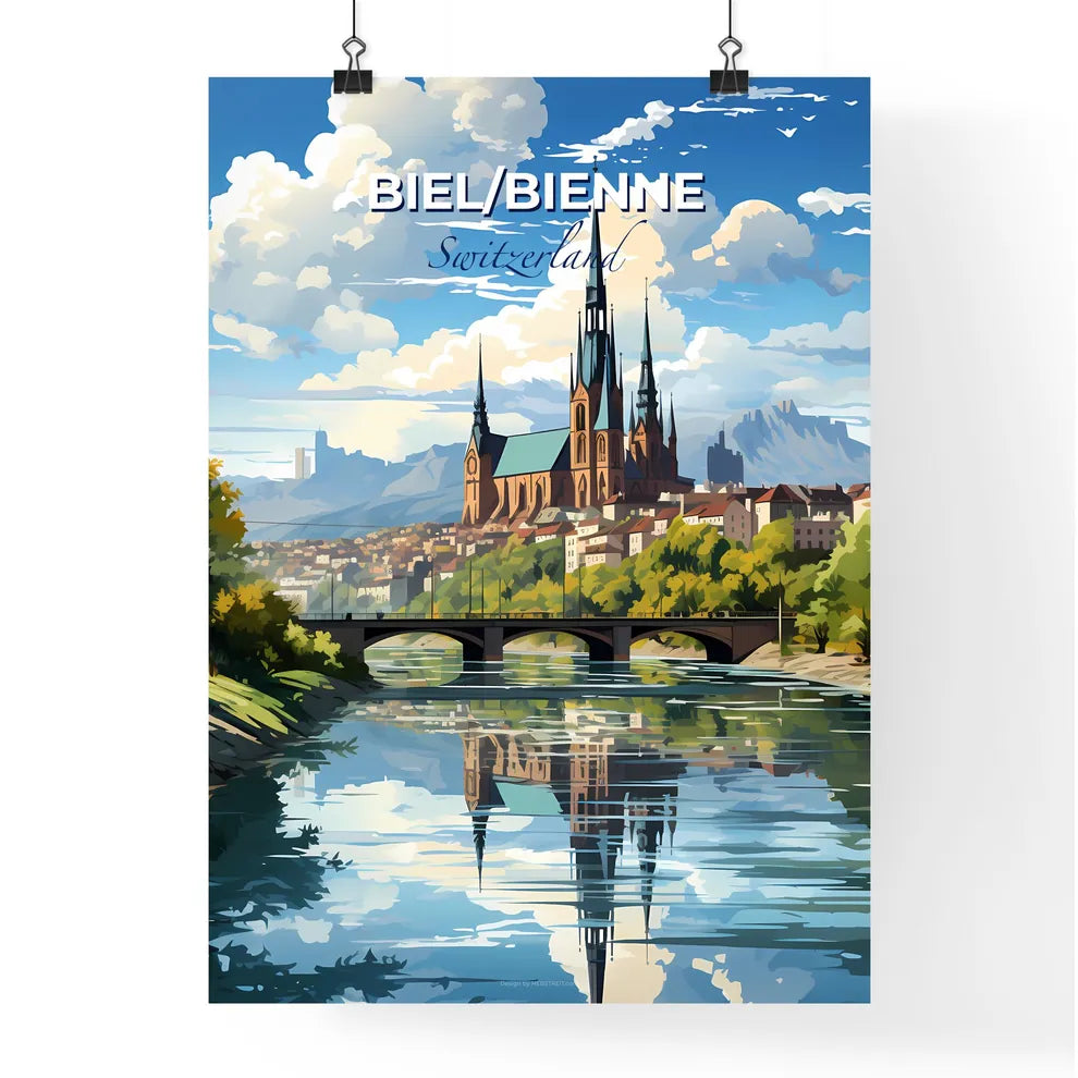 Biel/Bienne, Switzerland, A Poster of a bridge over a river with a castle and trees Default Title