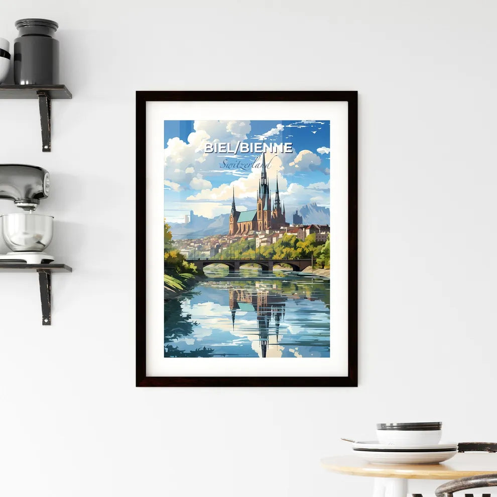 Biel/Bienne, Switzerland, A Poster of a bridge over a river with a castle and trees Default Title