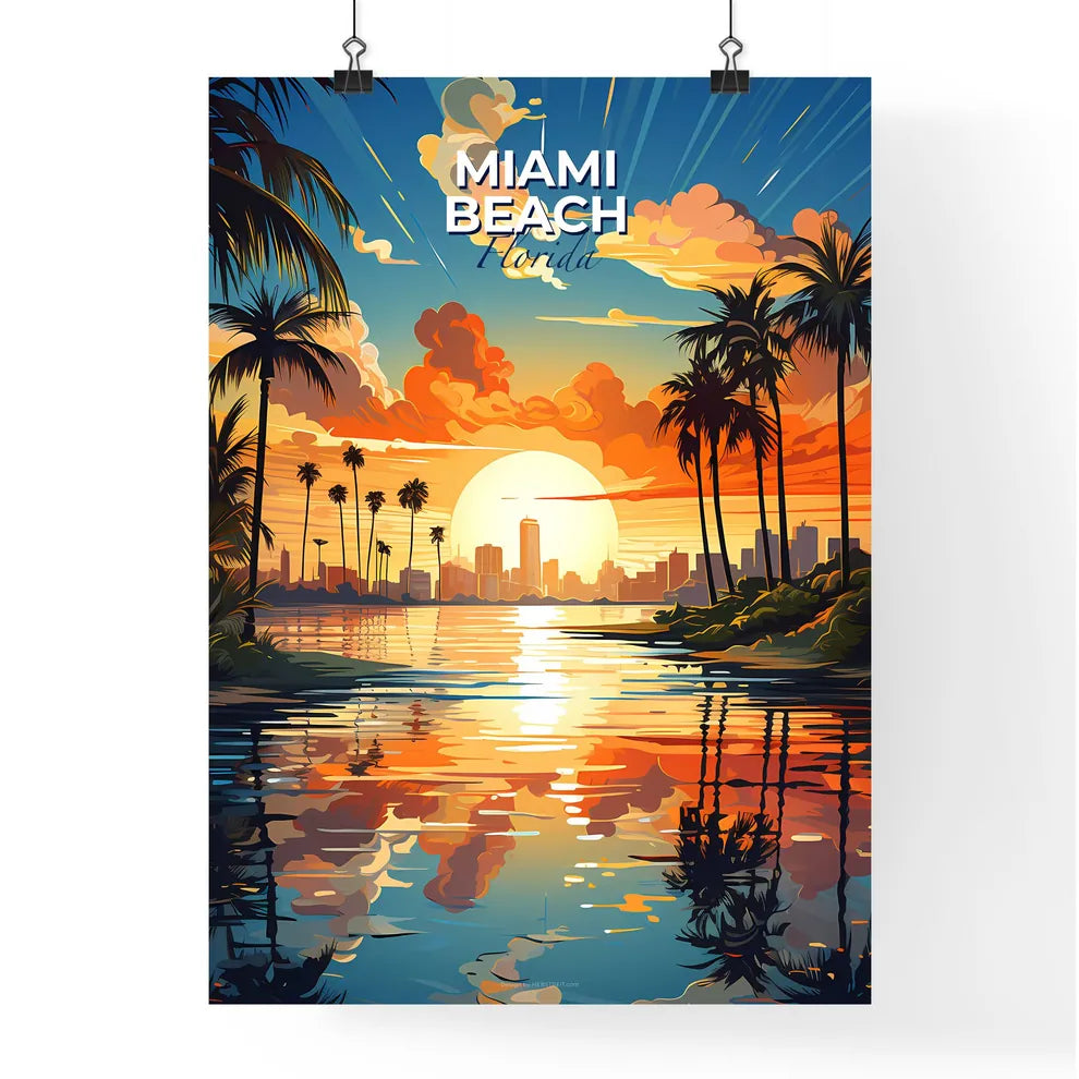 Miami Beach, Florida, A Poster of a sunset over a body of water with palm trees Default Title