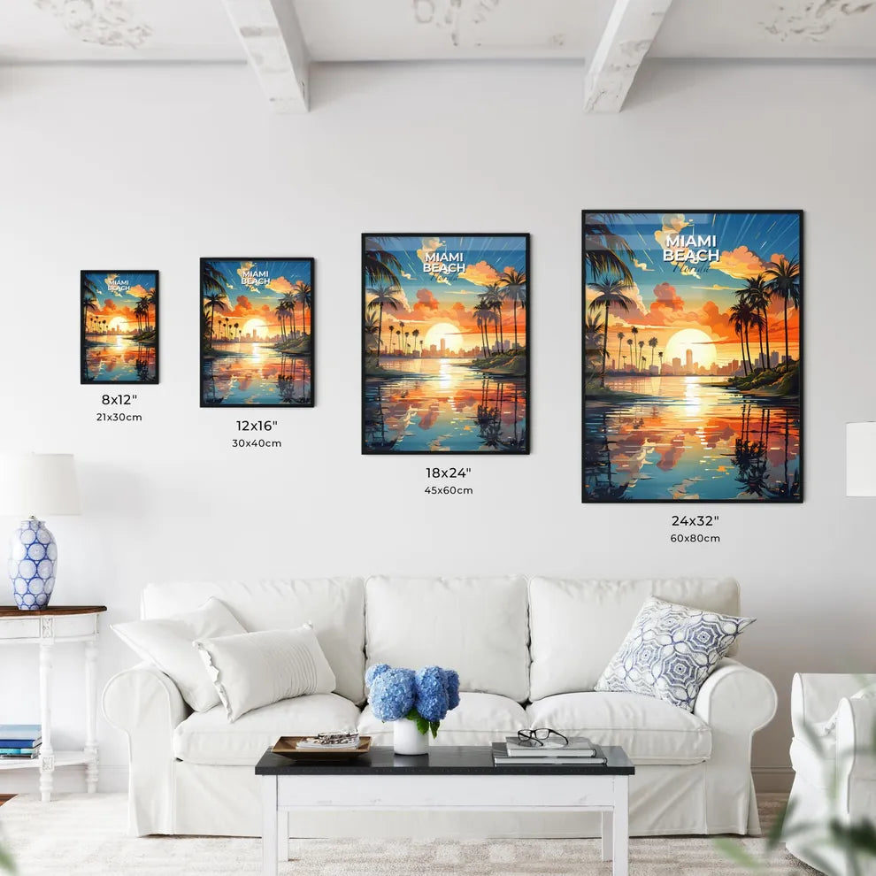 Miami Beach, Florida, A Poster of a sunset over a body of water with palm trees Default Title