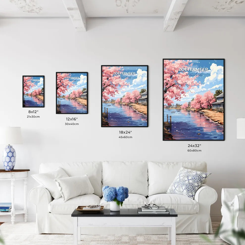 Zoetermeer, Netherlands, A Poster of a water body with pink flowers and houses on the side Default Title