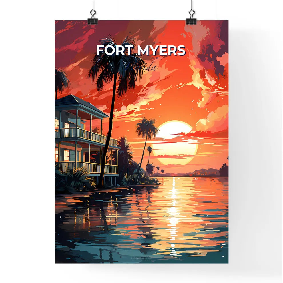 Fort Myers, Florida, A Poster of a house with palm trees and a sunset Default Title