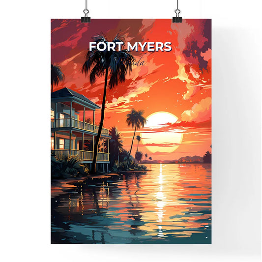 Fort Myers, Florida, A Poster of a house with palm trees and a sunset Default Title