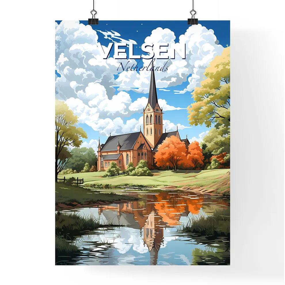 Velsen, Netherlands, A Poster of a church with a steeple and trees by a pond Default Title