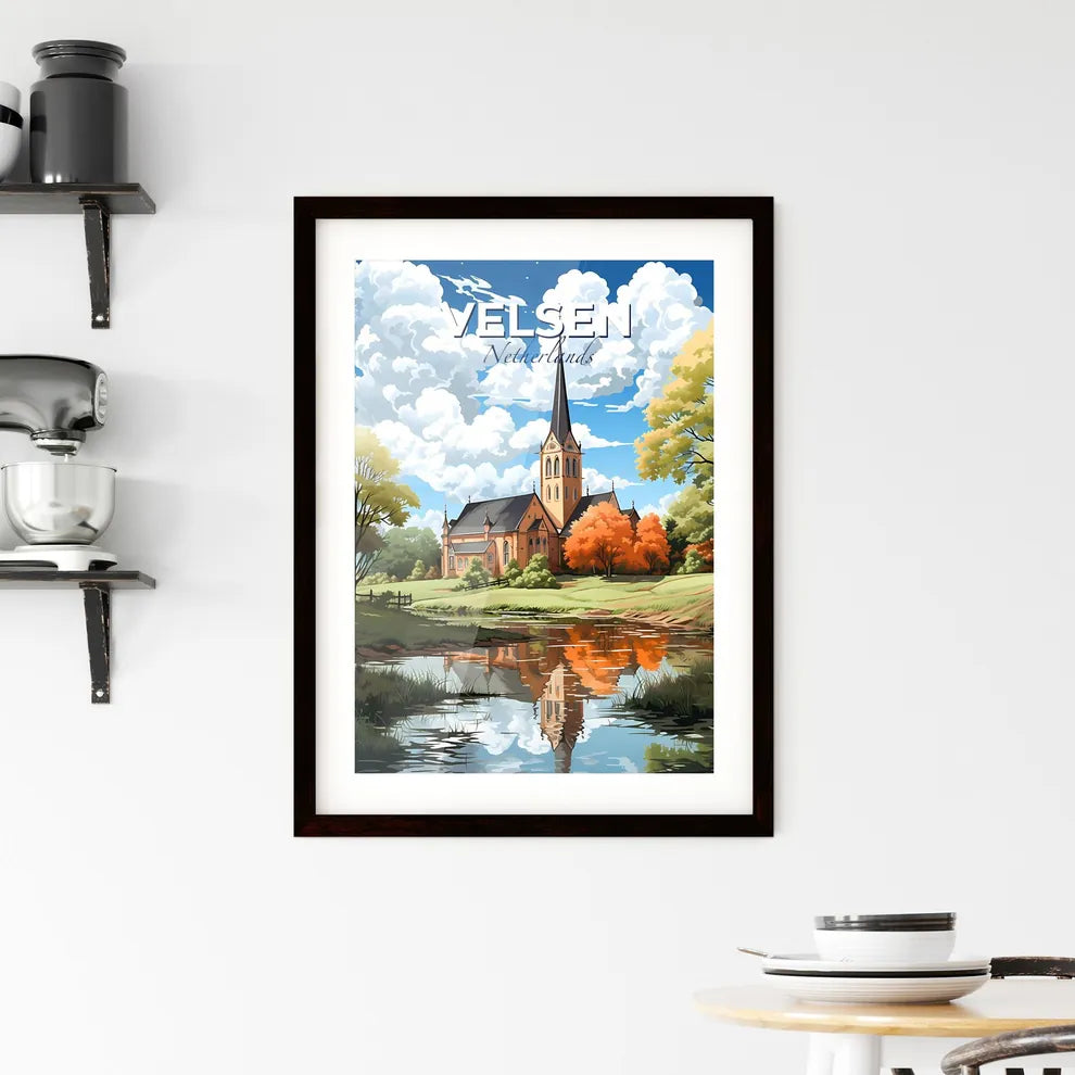 Velsen, Netherlands, A Poster of a church with a steeple and trees by a pond Default Title