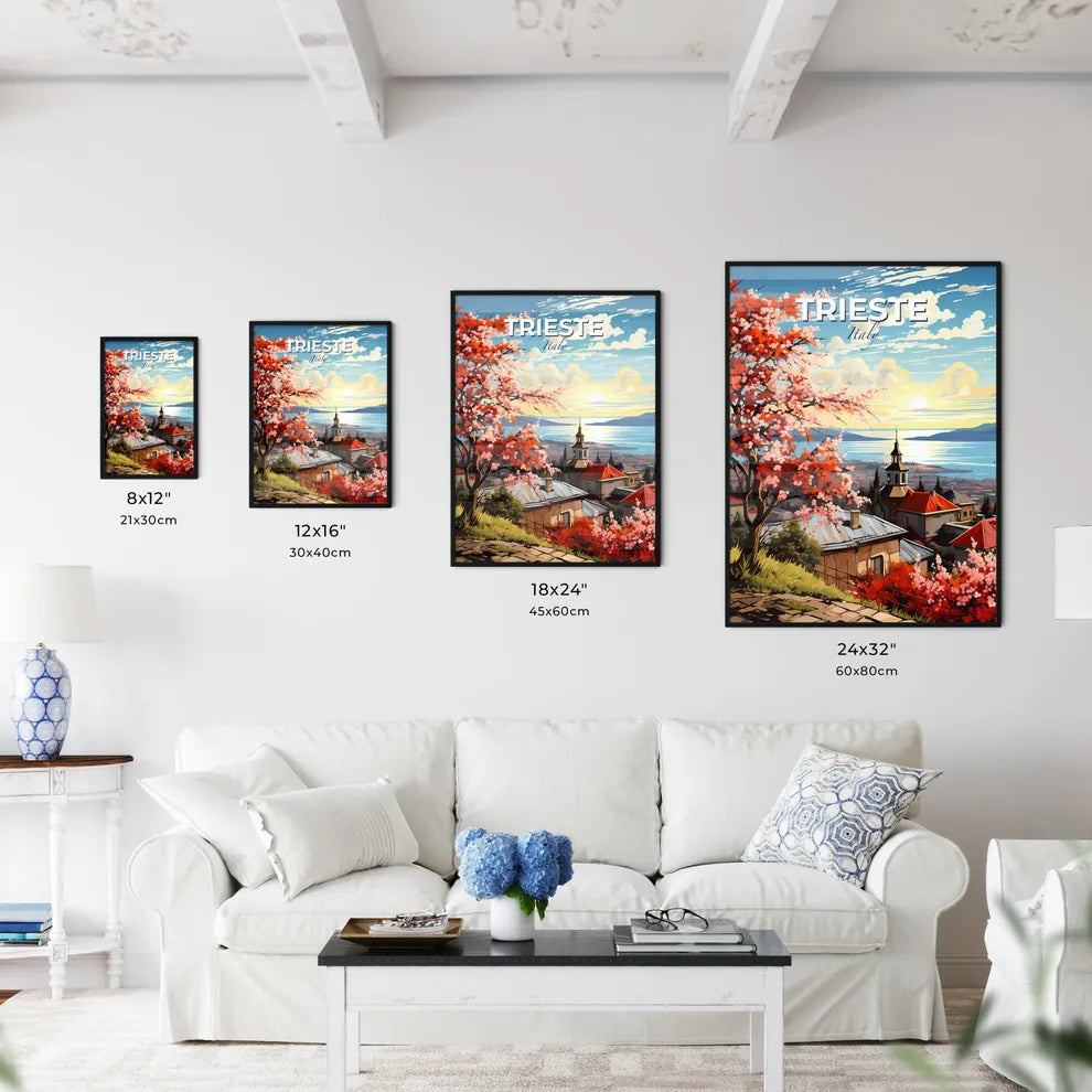Trieste, Italy, A Poster of a painting of a town with a lake and mountains Default Title