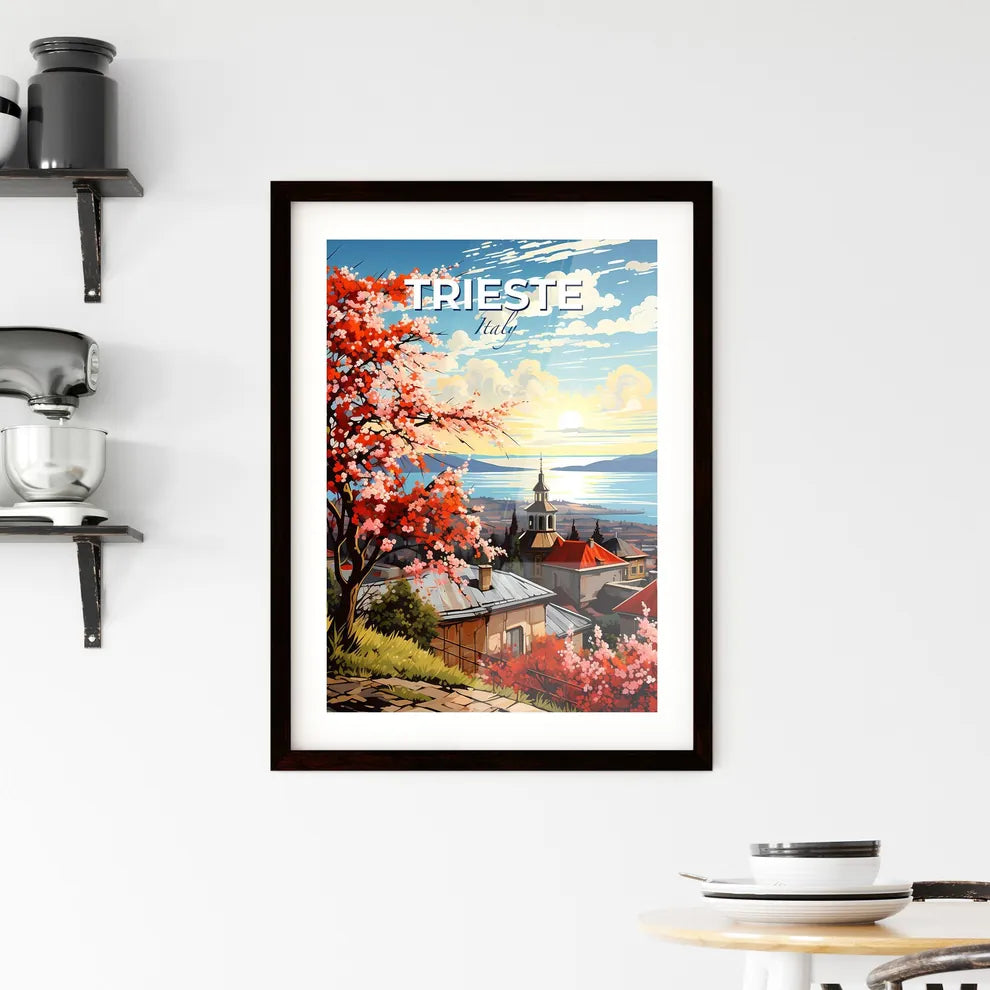 Trieste, Italy, A Poster of a painting of a town with a lake and mountains Default Title