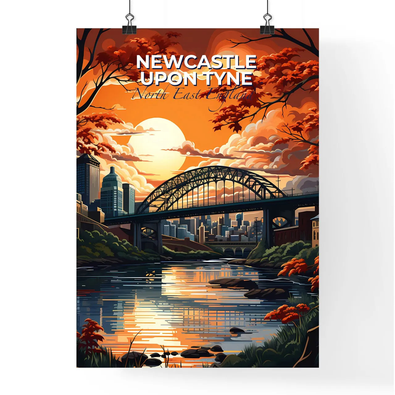 Newcastle Upon Tyne, North East England, A Poster of a bridge over a river with orange trees and a city in the background Default Title
