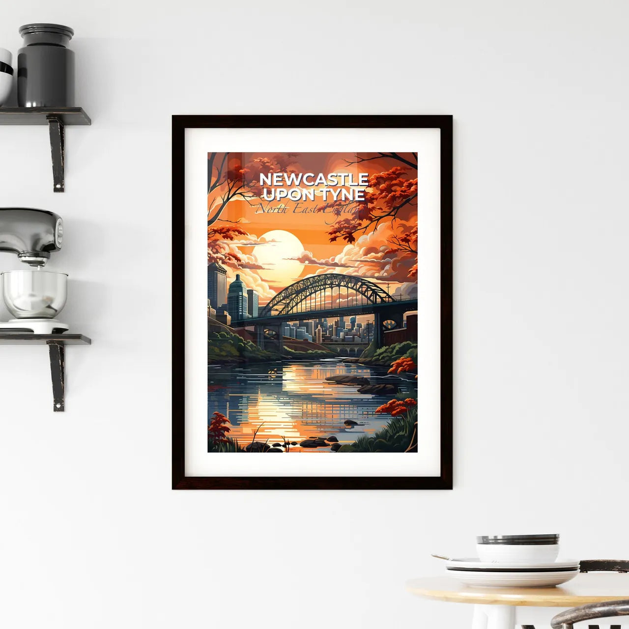 Newcastle Upon Tyne, North East England, A Poster of a bridge over a river with orange trees and a city in the background Default Title