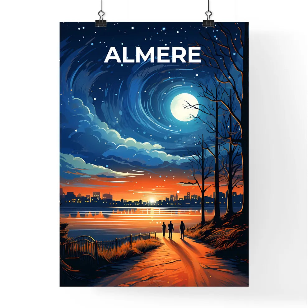 Almere, Netherlands, A Poster of a couple walking on a path by a lake at night Default Title